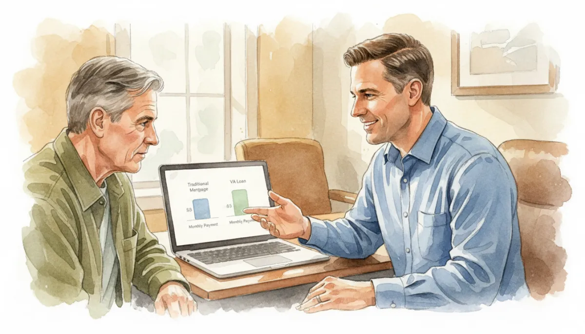 Mortgage advisor comparing VA, FHA, and conventional monthly payments for a veteran homebuyer in Ohio Mortgage advisor comparing VA, FHA, and conventional monthly payments for a veteran homebuyer in Ohio