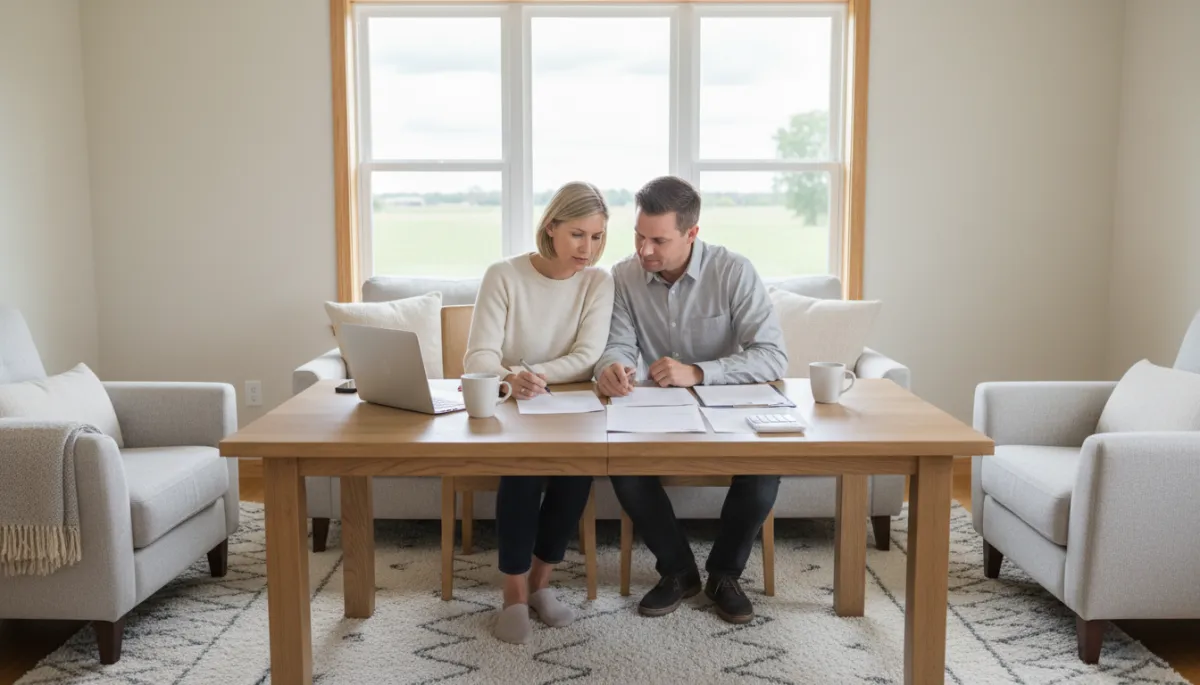 Ohio homebuyers reviewing USDA loan documents in their rural home