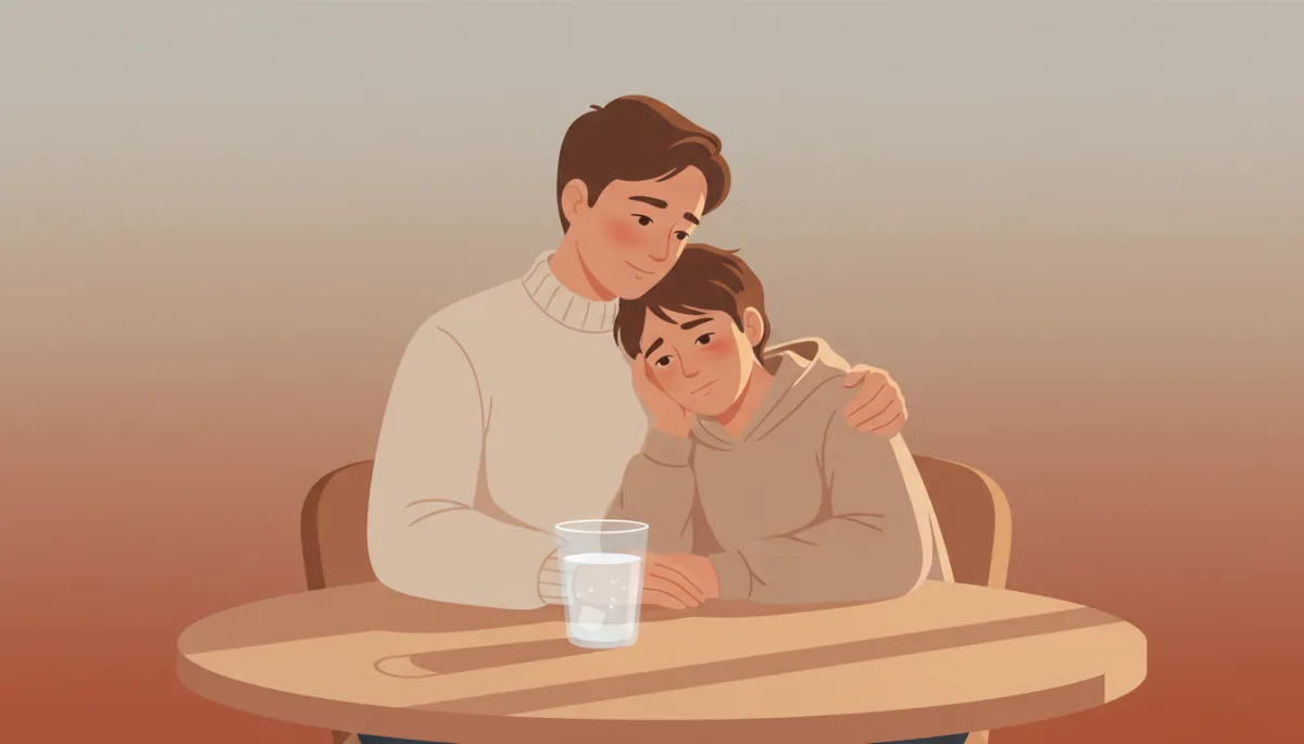 Parent gently comforting an upset tween after a difficult conversation Parent gently comforting an upset tween after a difficult conversation