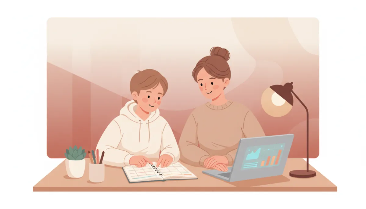 Parent and tween reviewing homework planner together calmly Parent and tween reviewing homework planner together calmly