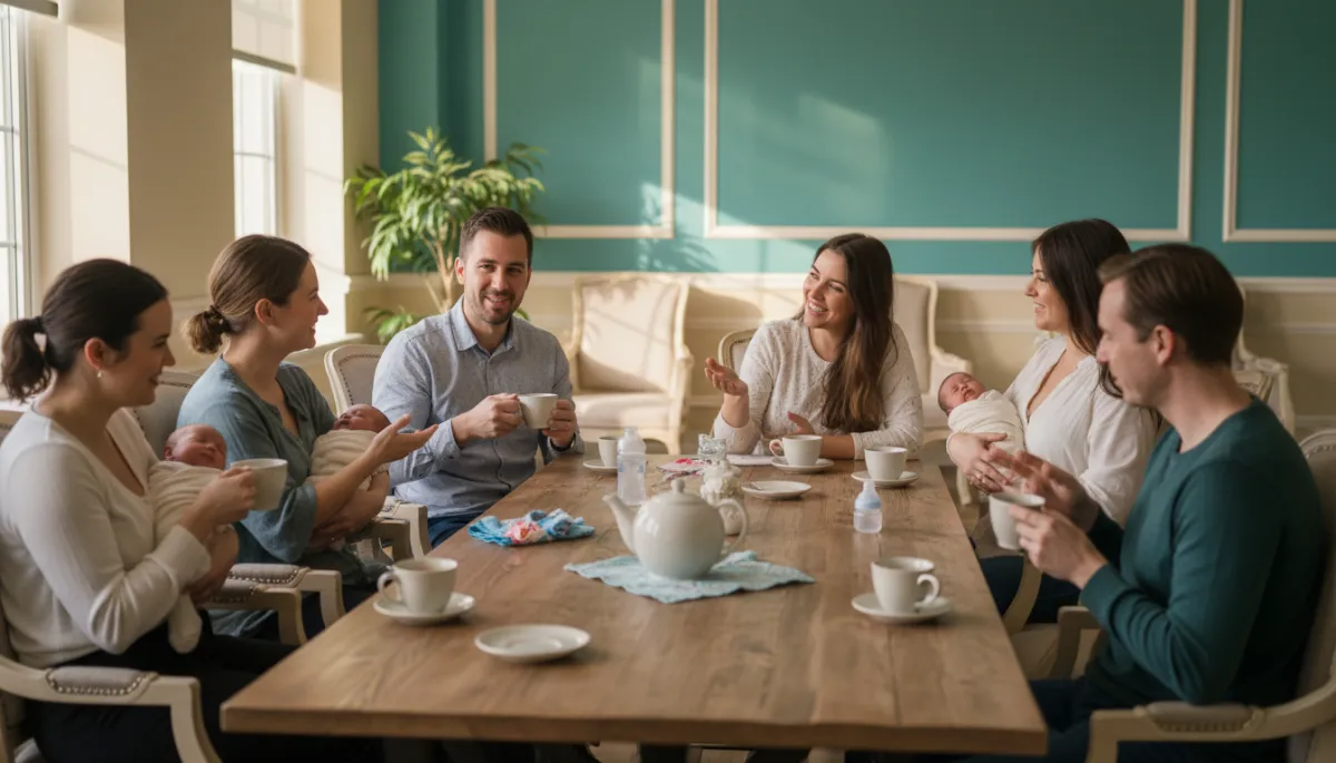 Parents gathered in a welcoming space, talking and supporting one another
