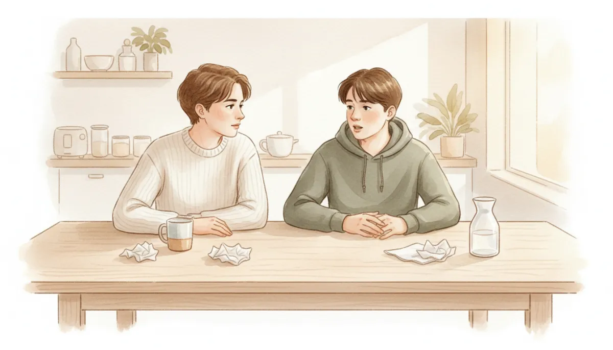 Parent and teen talking calmly at a kitchen table in a neutral-toned setting Parent and teen talking calmly at a kitchen table in a neutral-toned setting