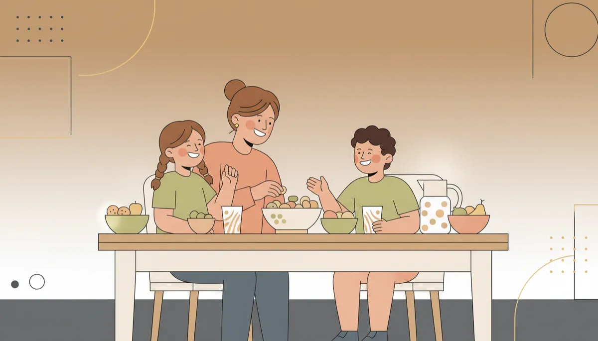Parent and children talking and laughing together at a kitchen table Parent and children talking and laughing together at a kitchen table
