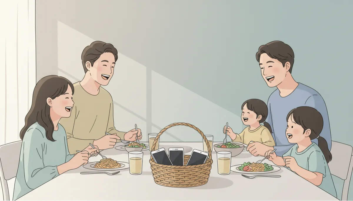 Family keeping devices in a basket during dinner to stay present Family keeping devices in a basket during dinner to stay present