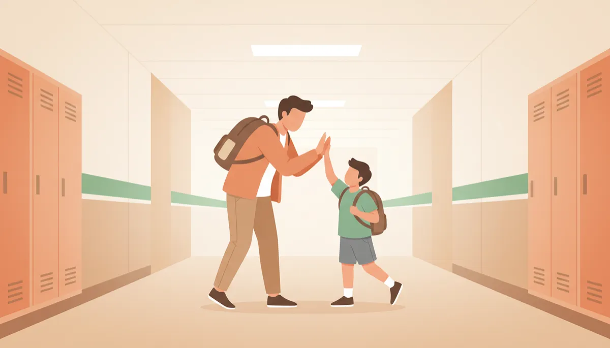 Parent and child high-fiving while getting ready for school Parent and child high-fiving while getting ready for school