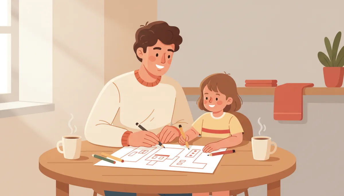 Parent and child creating a brave plan together at the table Parent and child creating a brave plan together at the table