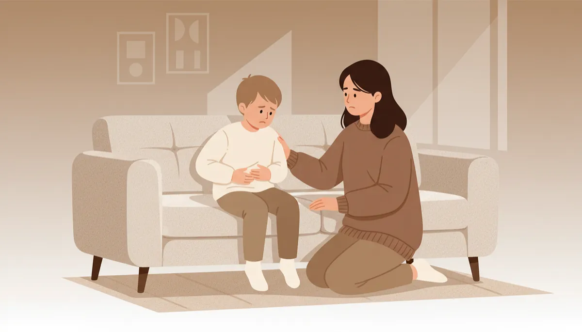 Child with a stomachache sitting on couch while parent offers comfort Child with a stomachache sitting on couch while parent offers comfort