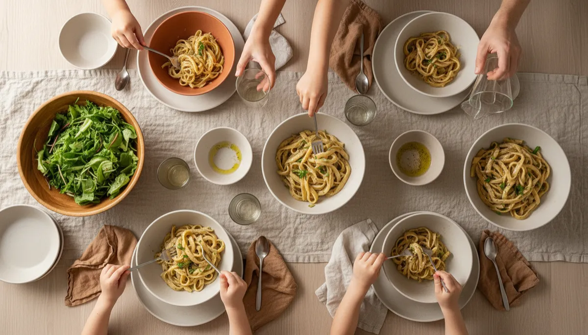 Hands reaching for food around a shared family dinner table Hands reaching for food around a shared family dinner table