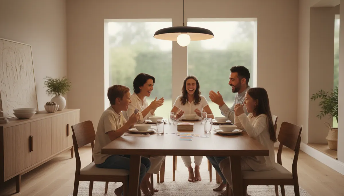Family laughing together while playing a simple conversation game at dinner Family laughing together while playing a simple conversation game at dinner