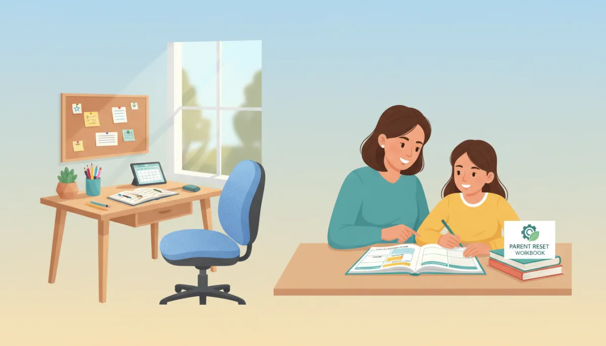 Parent and tween planning study schedule with laptop and planner