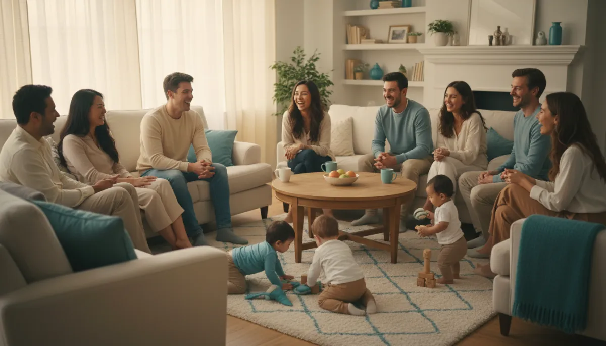 photorealistic scene of diverse parents sitting in a cozy living room circle, warm teal and cream decor, soft natural light, parents of different ages and backgrounds laughing and talking while toddlers play on a rug in the center