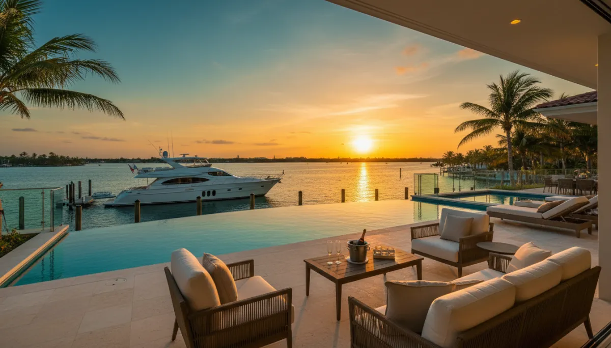 Elegant waterfront terrace overlooking Intracoastal waterway and yacht at sunset