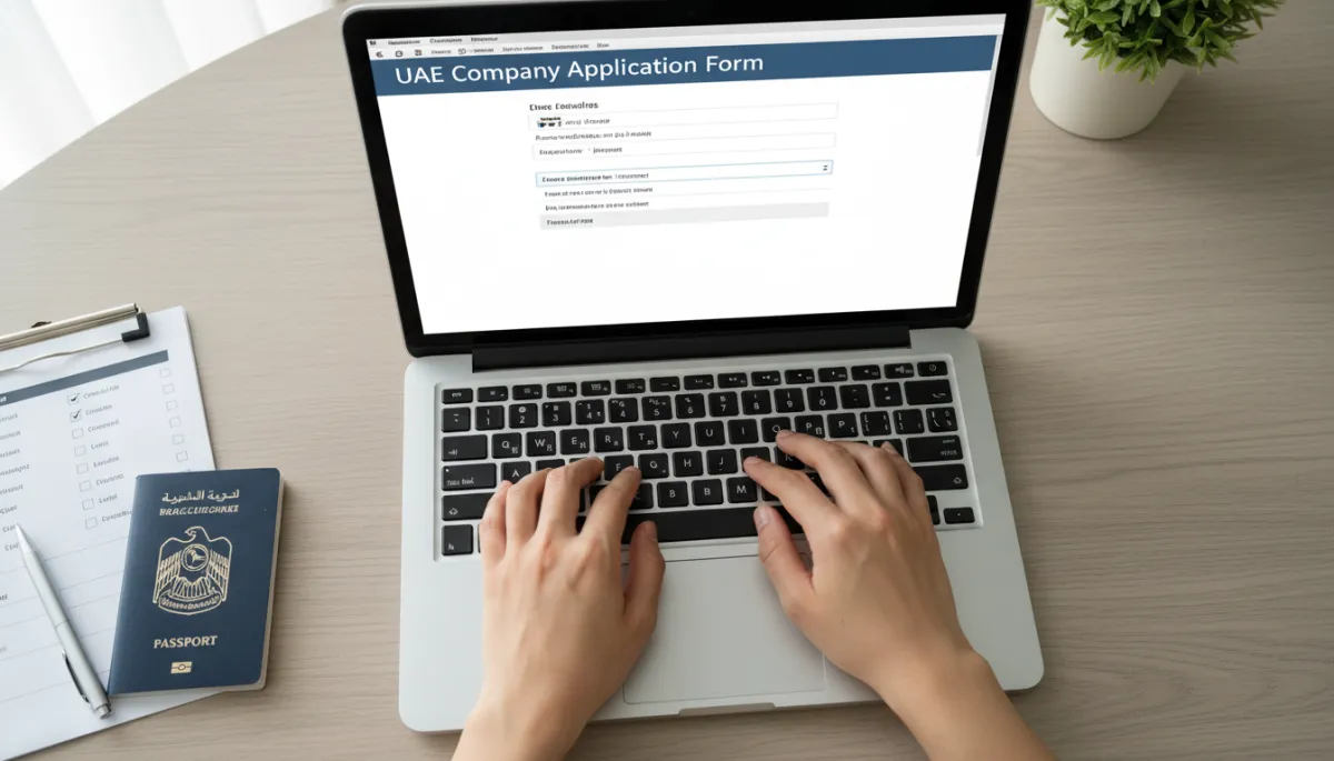 Entrepreneur completing UAE free zone company application online with documents ready