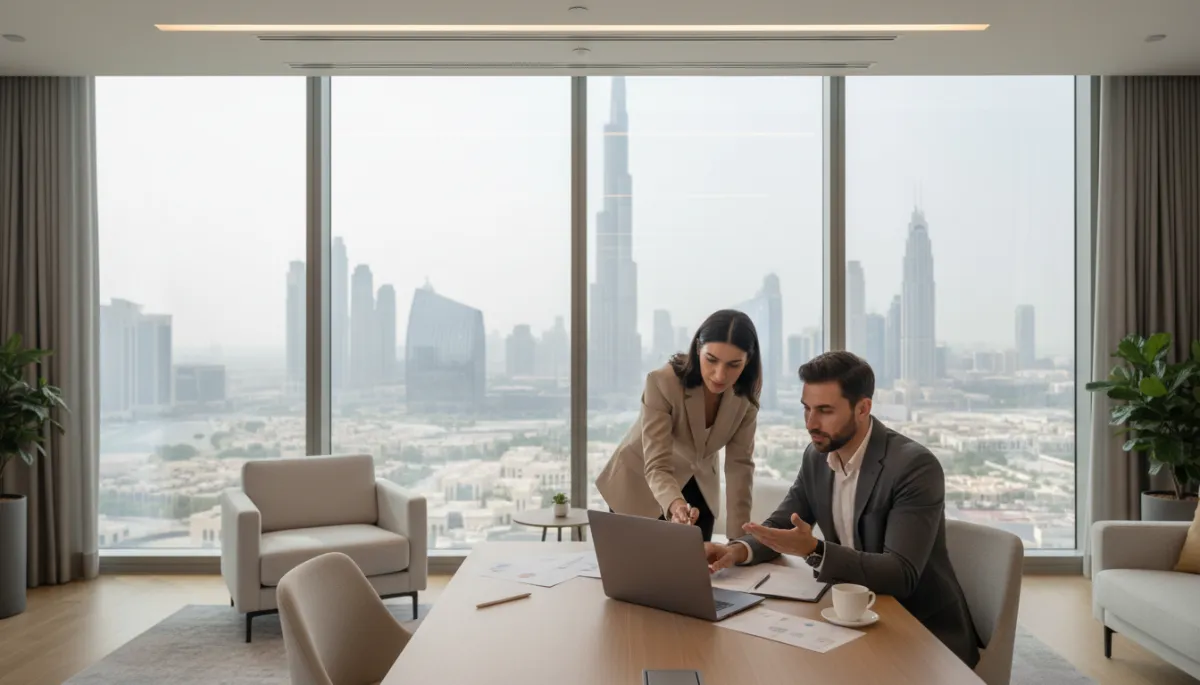 photorealistic neutral-toned modern Dubai office overlooking skyline, entrepreneur and consultant reviewing company setup documents on laptop, soft daylight, professional atmosphere