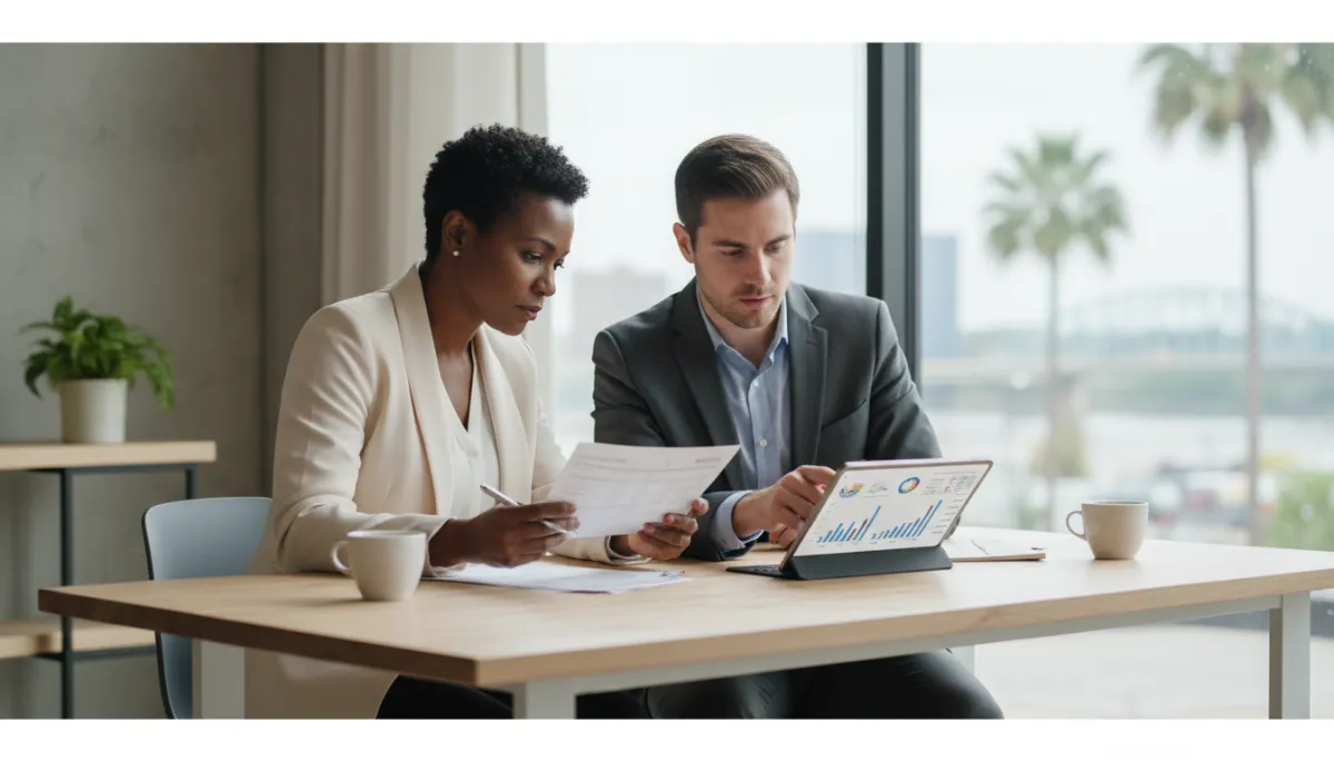 professional neutral-toned photo of a Baton Rouge small business owner reviewing payment processing statements with a technology advisor at a clean modern desk, soft natural light, professional style