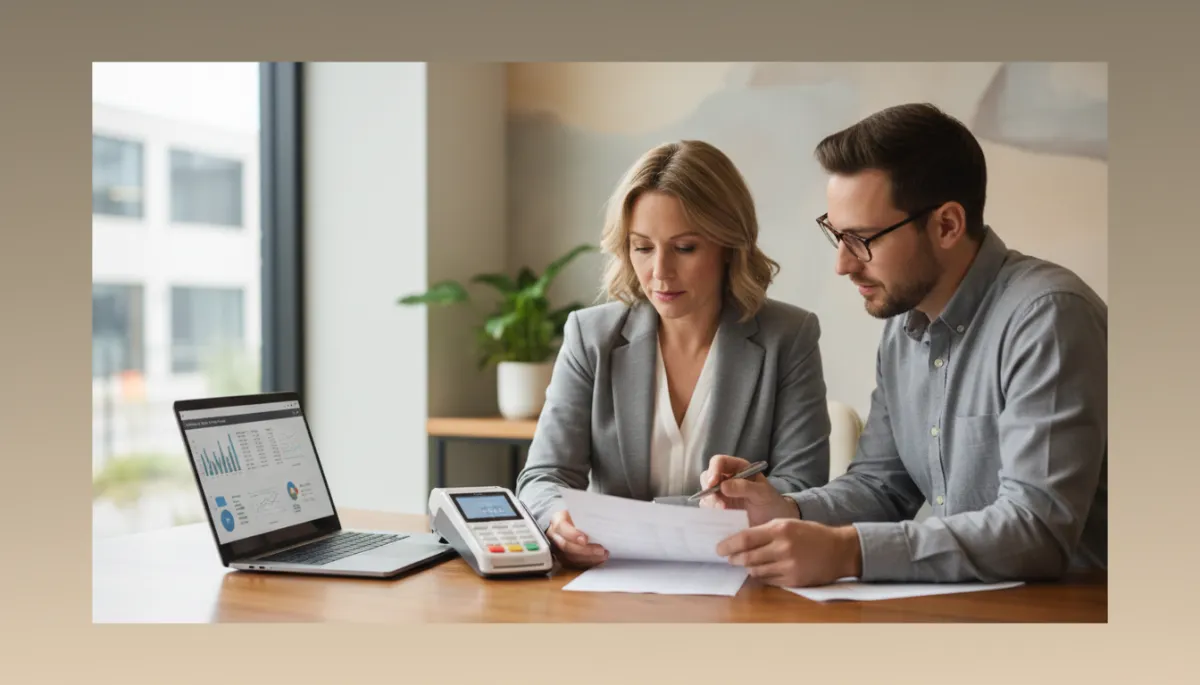 professional neutral-toned photo of a Baton Rouge small business owner reviewing a credit card processing statement with a technology advisor at a desk, laptop and payment terminal visible, calm office setting
