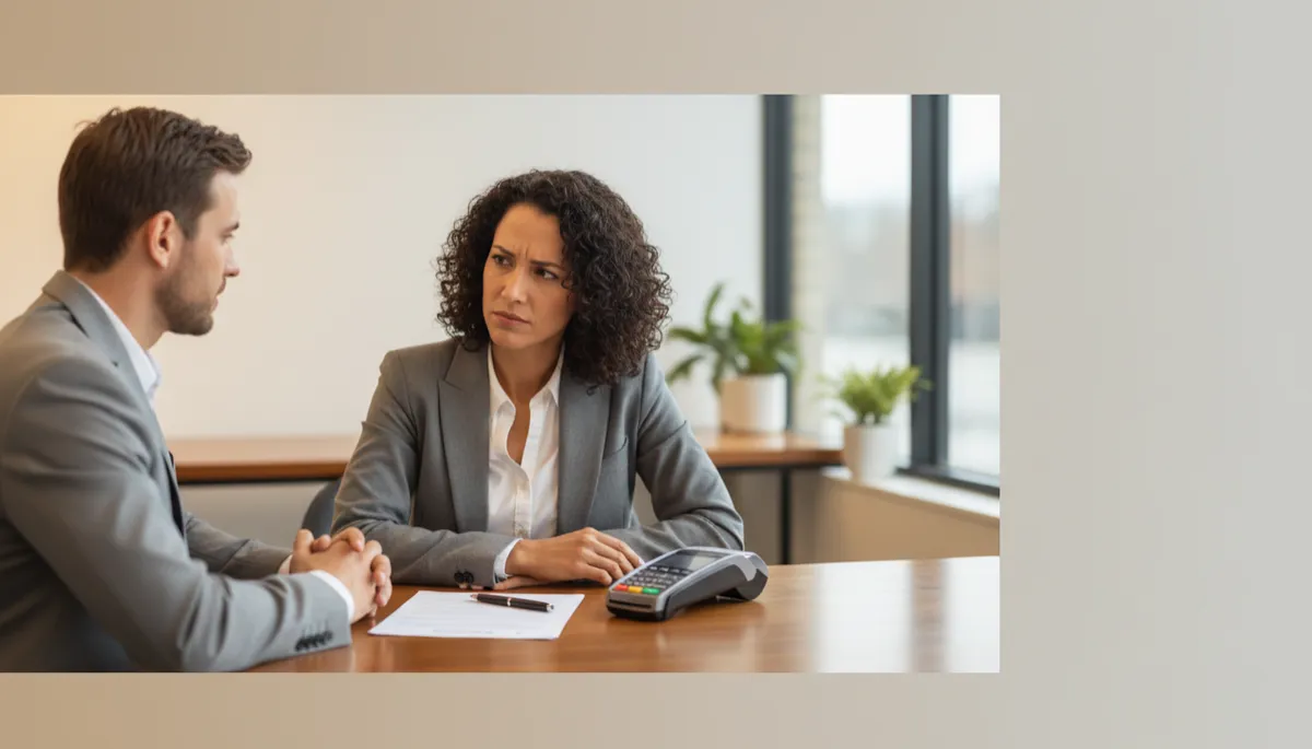 professional business photography of a Baton Rouge small business owner sitting at a desk with a contract and payment terminal in front of them, looking cautiously at a salesperson across the table, warm neutral office lighting