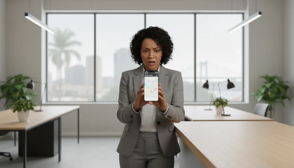 professional business photography of a Baton Rouge small business owner standing at a counter looking at a smartphone with a confused expression, Google Maps interface blurred on screen in the foreground, neutral color palette office interior