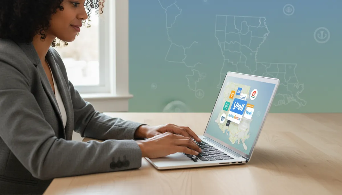 professional business photography of a Baton Rouge small business owner sitting at a desk reviewing their business listings on a laptop, neutral color palette, soft natural light, subtle background of maps and review site logos