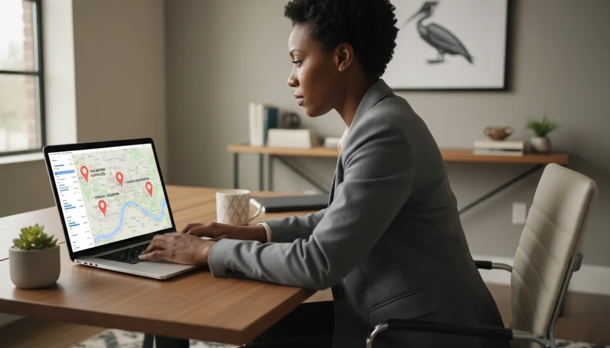 professional business photography of a Baton Rouge business owner reviewing Google Maps rankings on a laptop in a neutral-toned office, map of Baton Rouge on screen with three highlighted local listings
