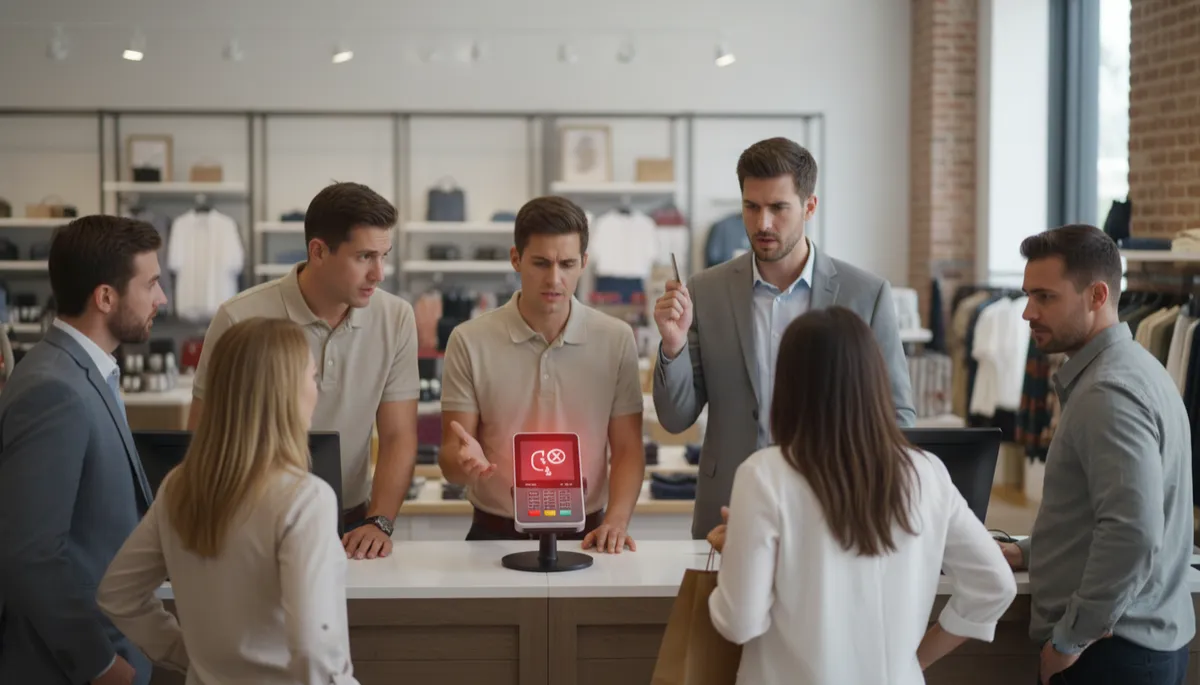 professional business photography of a busy Baton Rouge retail counter where staff and customers look frustrated as the card terminal shows a connection error, neutral color palette, natural lighting