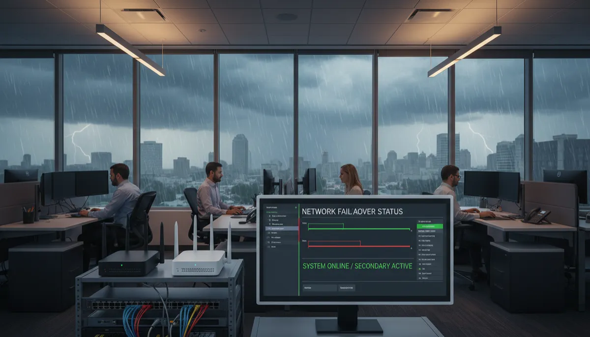 professional business photography of a Baton Rouge small business office with dual internet routers and a network failover dashboard on a monitor, staff working calmly during a storm outside large windows
