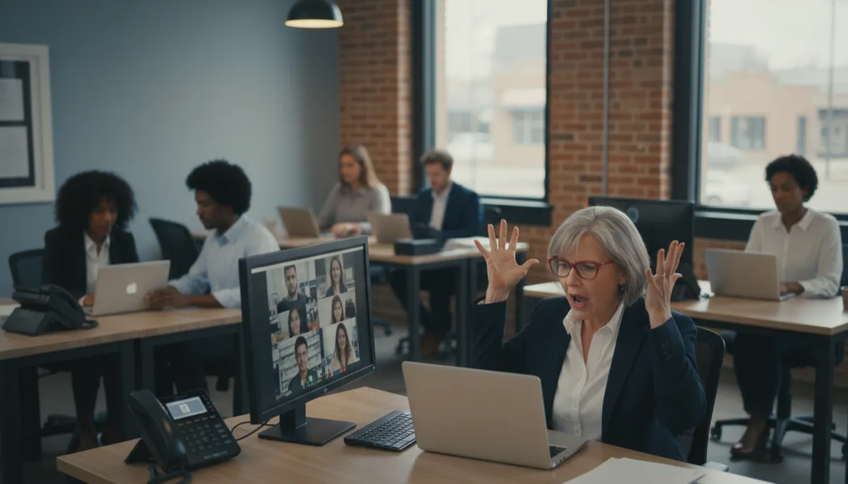professional business photography of a Baton Rouge small business office with staff using laptops, POS terminals, and VoIP phones, frustrated owner on a video call with a frozen screen, neutral color palette