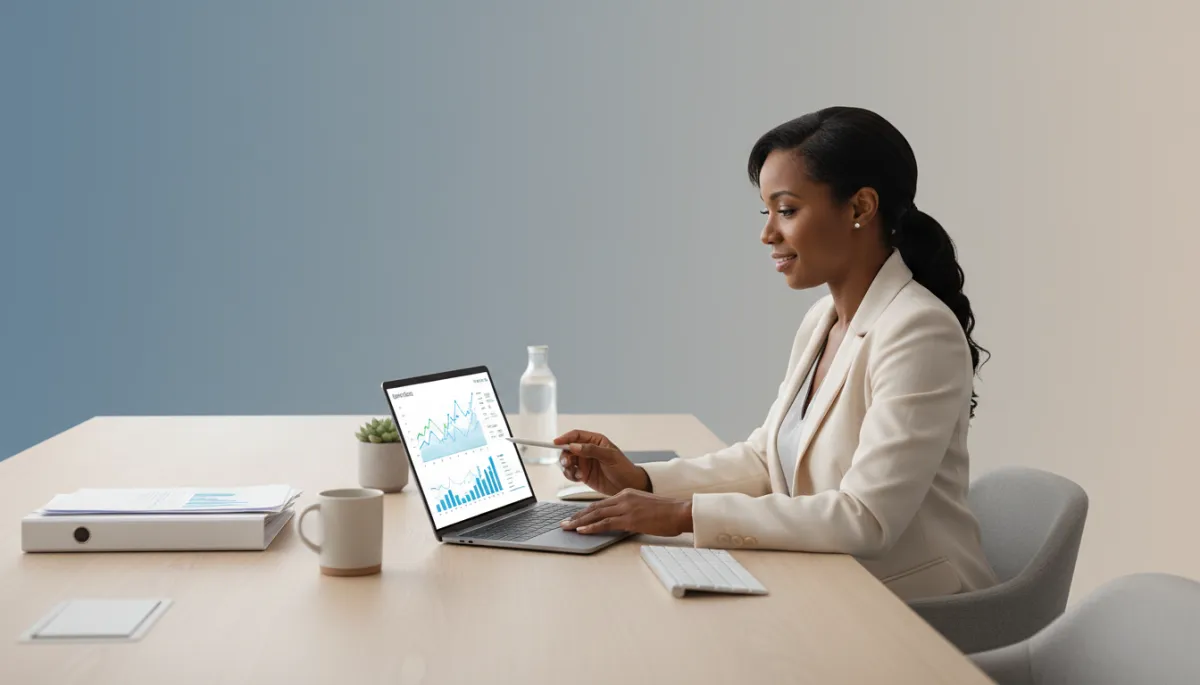 professional business photography of a Baton Rouge service business owner reviewing invoices on a laptop at a clean office desk, neutral color palette, soft natural light, subtle charts and numbers on screen suggesting automation