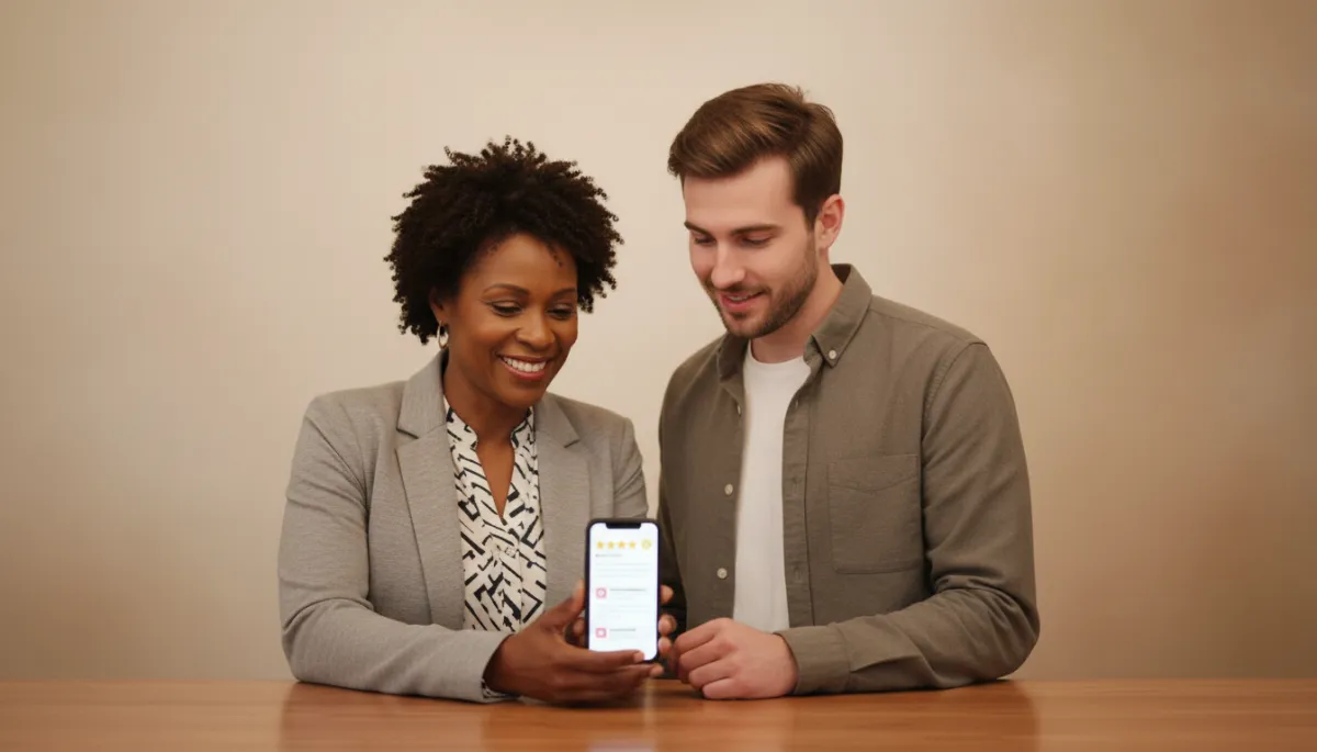 professional business photography of a Baton Rouge small business owner at the front counter smiling with a customer, both looking at a phone screen that shows a review page, warm neutral lighting