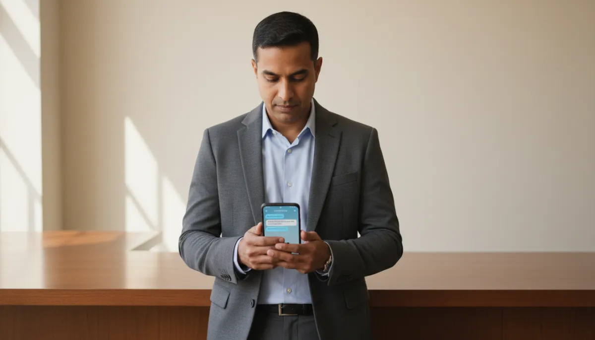 professional business photography of a Baton Rouge small business owner standing at a counter, looking at a smartphone with customer text messages on screen, neutral color palette, soft natural light