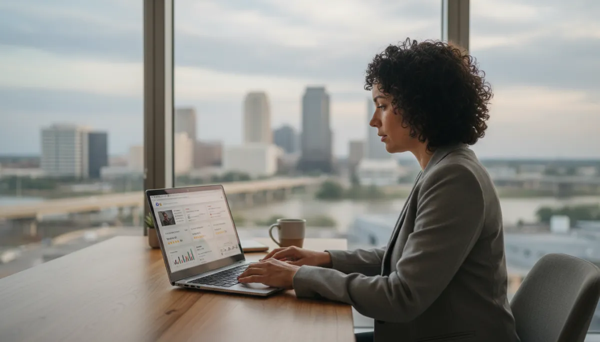 professional business photography of a Baton Rouge small business owner reviewing Google reviews and social media feedback on a laptop in a neutral-toned office, subtle city elements visible through the window