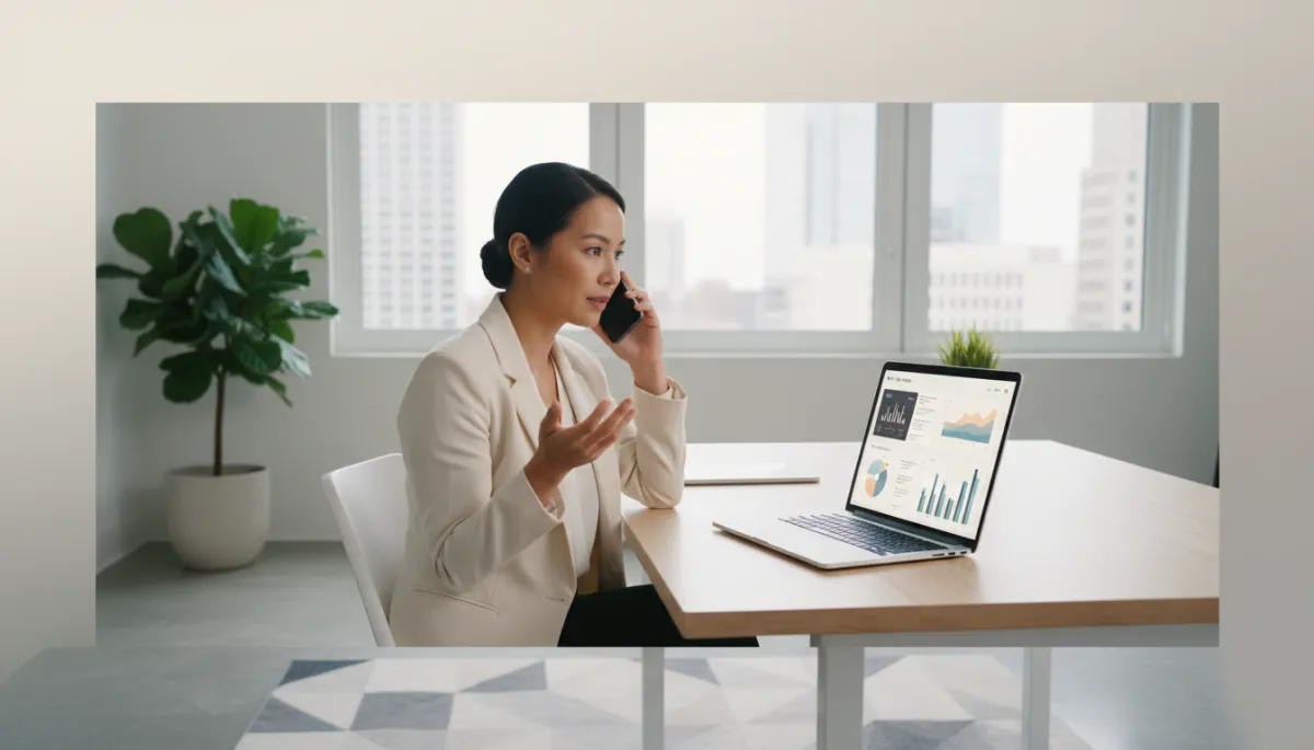 professional business photography of a Baton Rouge small business owner talking on the phone while looking at a laptop dashboard that shows call analytics, neutral color palette, bright office setting