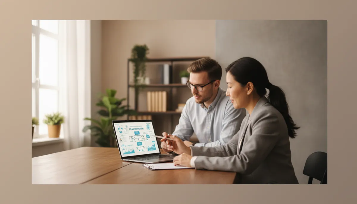 professional business photography of a local business owner sitting with a technology advisor at a desk, reviewing AI automation options on a laptop, warm neutral office setting