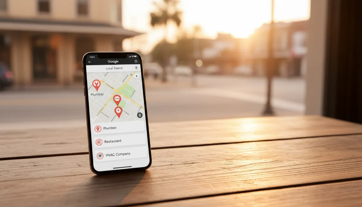 photorealistic smartphone on a wooden table in a Baton Rouge café at golden hour, screen showing a Google Maps local pack with three small business pins labeled for a plumber, restaurant, and HVAC company, soft warm lighting, subtle Louisiana street scene through window in background