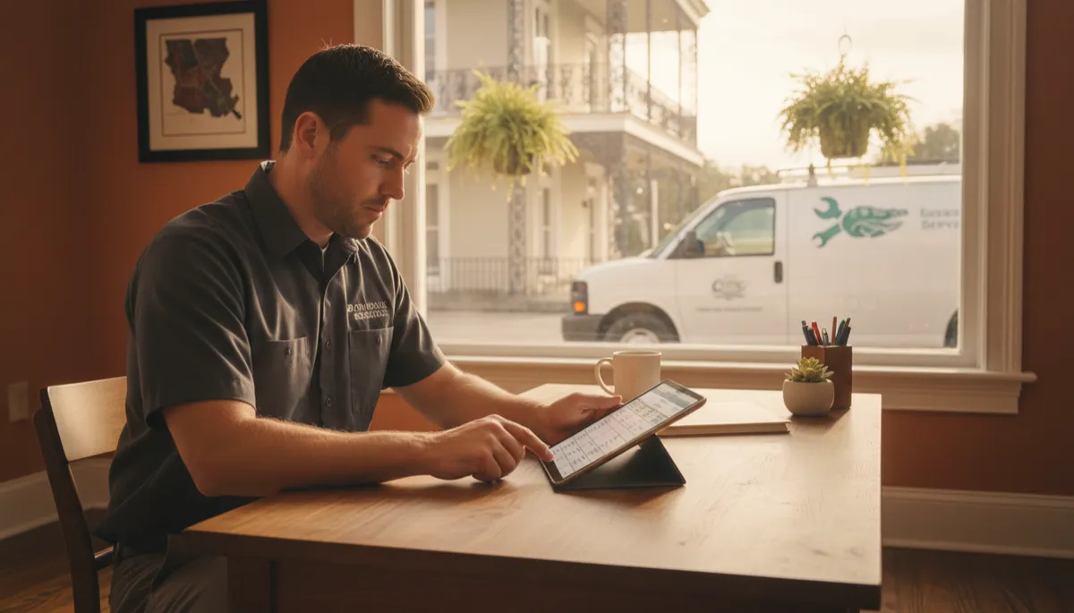 photorealistic warm-toned scene of a Baton Rouge service business owner in a casual-but-professional work shirt reviewing invoices on a tablet at a tidy desk, with a service van visible through a window and subtle Louisiana architectural details in the background