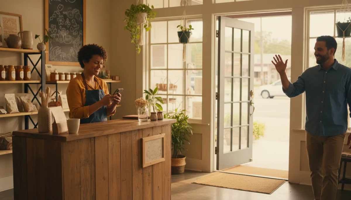 photorealistic warm-toned Baton Rouge small business owner standing at a front counter, smiling while sending a text message on a smartphone, a familiar customer walking through the door with a friendly wave, soft afternoon light and welcoming storefront details in the background