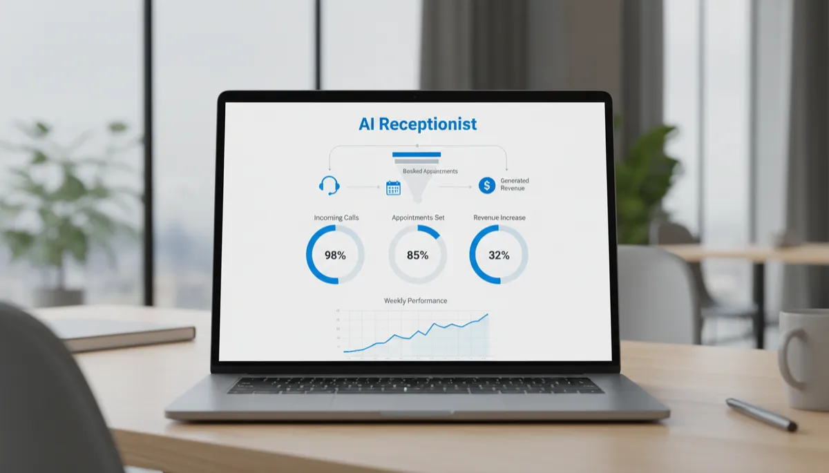 Create a photorealistic, high-quality analytics dashboard displayed on a sleek laptop screen, set on a modern office desk. The dashboard should clearly illustrate the workflow from incoming calls to booked appointments to generated revenue, using clean, professional graphs and flow charts. At the top of the dashboard, prominently display the correctly spelled title 