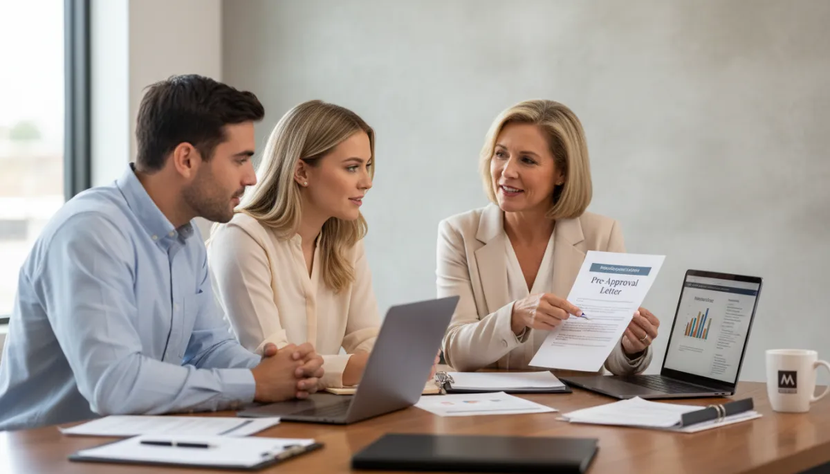 Mortgage advisor explaining buying power and pre-approval letter to homebuyers in professional office Mortgage advisor explaining buying power and pre-approval letter to homebuyers in professional office