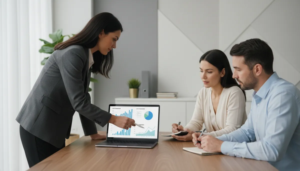 Advisor showing clients a side-by-side comparison of two mortgage options on a laptop