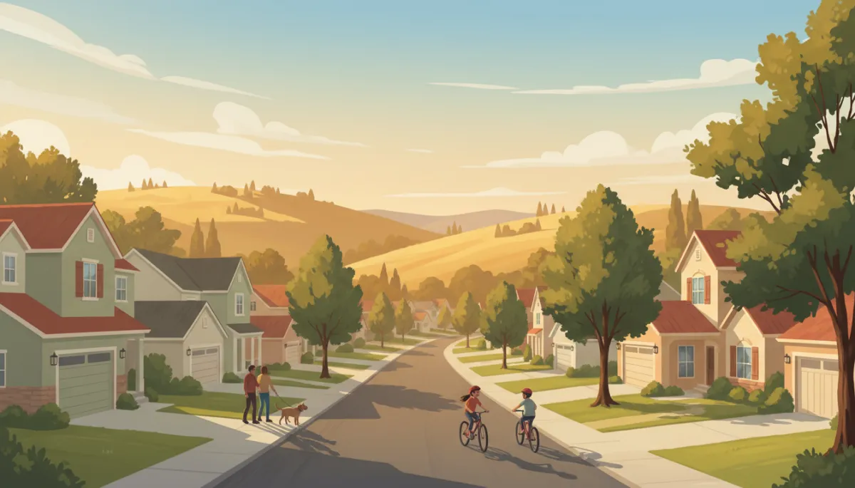 Warm illustration of a welcoming Solano County California neighborhood at golden hour, rolling golden hills in the background, tree-lined suburban street with a mix of one- and two-story homes, families walking dogs and kids riding bikes, clear blue sky with soft clouds, illustration style, warm color palette