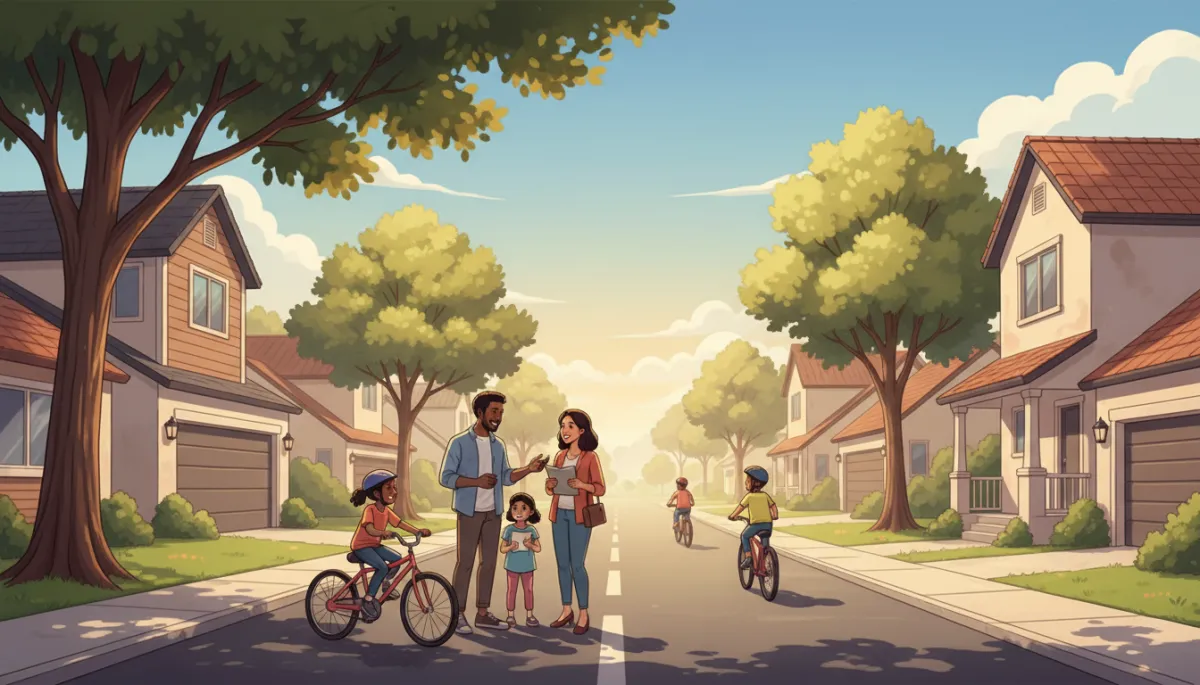 warm, detailed illustration of a sunny Sacramento suburban street with modern two-story homes, leafy trees, kids on bikes, and a diverse family chatting with a real estate agent on the sidewalk, soft warm color palette and clear blue skies
