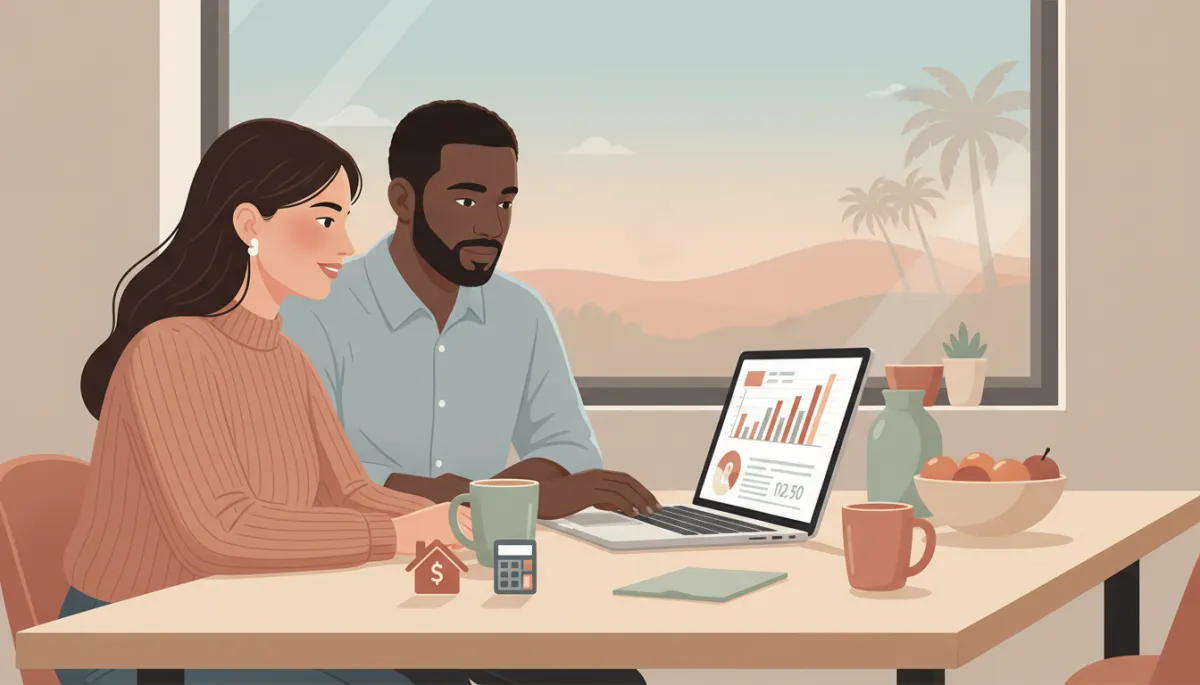 professional illustration of a diverse California couple at a kitchen table reviewing mortgage numbers on a laptop, a small house icon and calculator on the table, soft neutral color palette, subtle outline of palm trees and hills through a nearby window