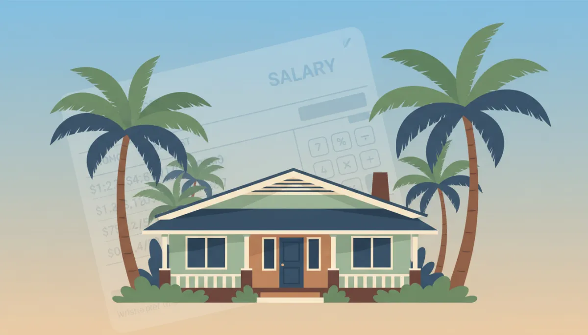 professional illustration of a California bungalow-style home with palm trees, layered over a subtle salary paystub and calculator graphic, using warm blues greens and soft neutrals, clean modern flat style