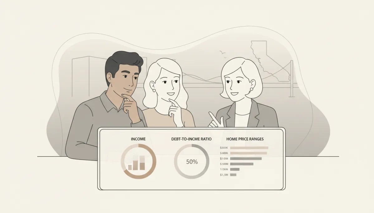 clean, modern financial infographic or editorial illustration showing a California couple and a real estate agent reviewing a neutral-color mortgage qualification dashboard with charts for income, debt-to-income ratio, and home price ranges, soft beige and gray palette