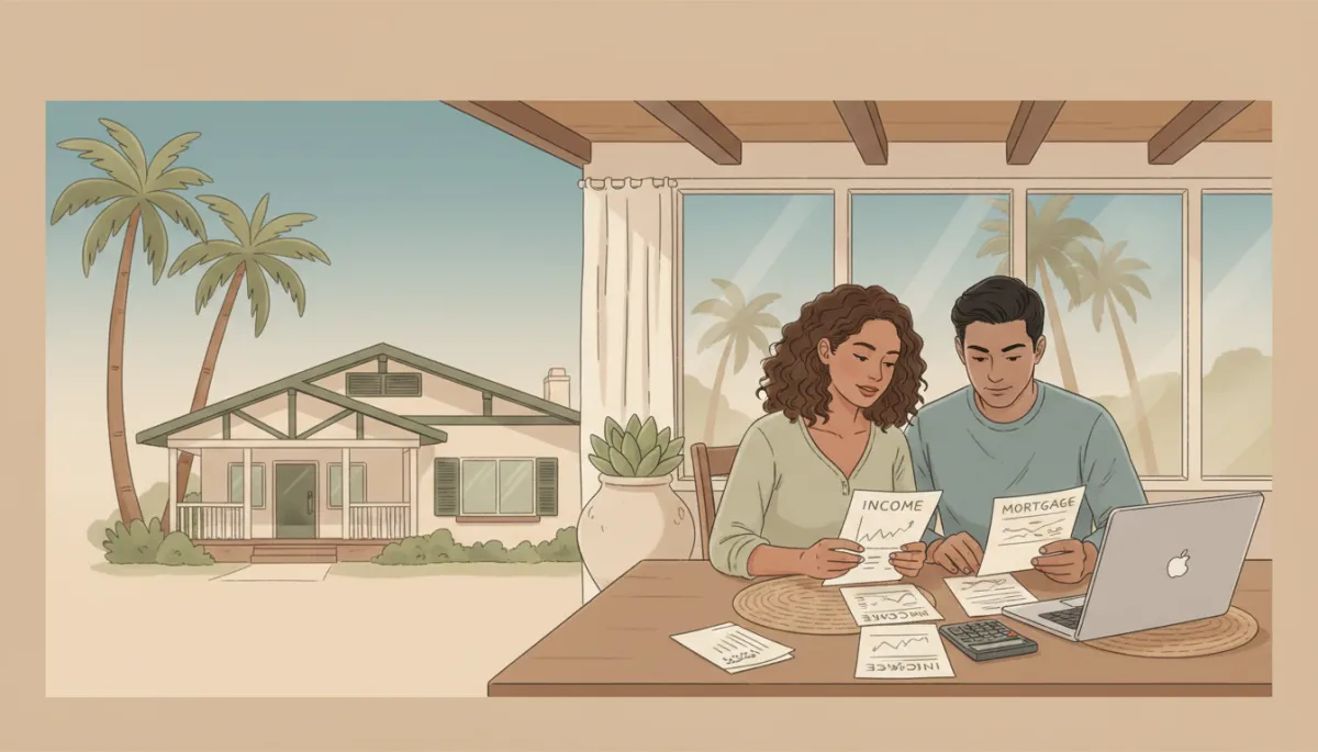 professional illustration of a California-style bungalow with palm trees, a diverse couple at a kitchen table reviewing income and mortgage documents with a laptop and calculator, soft neutral color palette