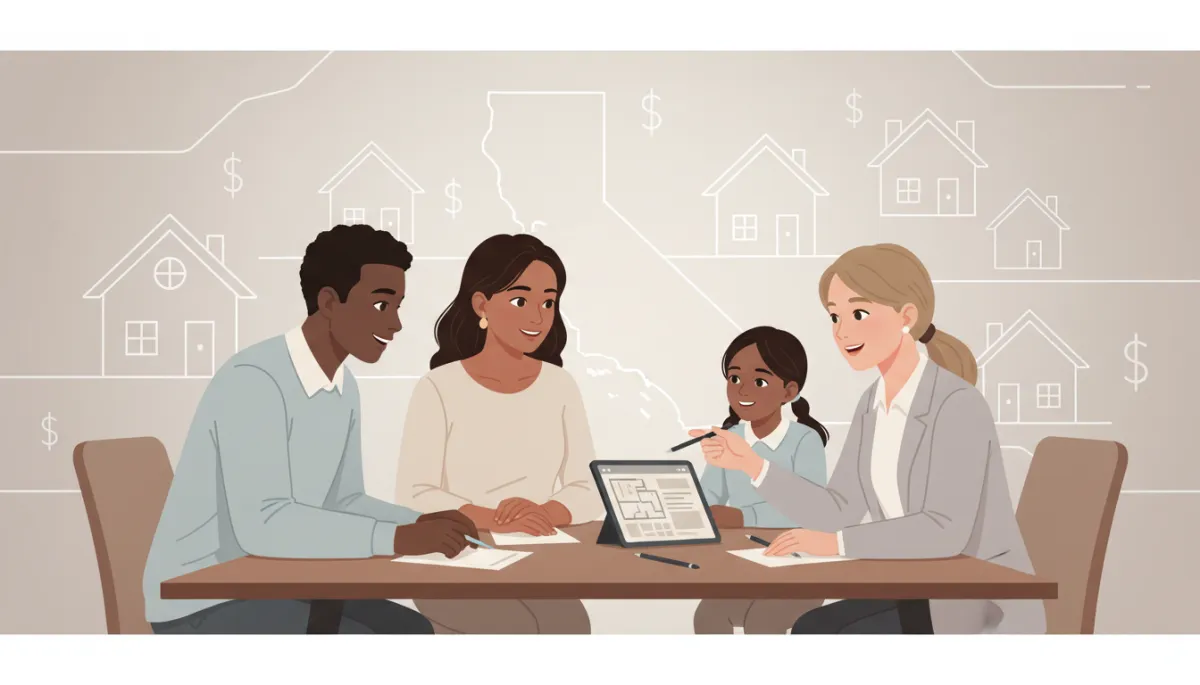 professional neutral-color illustration of a diverse California family and real estate agent reviewing a home purchase plan at a table, with a subtle outline of a California map, houses, and dollar signs in the background