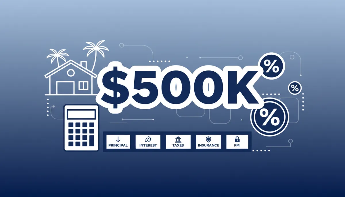 infographic/editorial style illustration in navy blue and white showing a California house, calculator, percentage signs, and labeled payment components (principal, interest, taxes, insurance, PMI) arranged around a $500k price tag