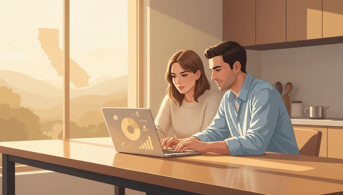 Warm-toned photorealistic or polished infographic style illustration showing a California couple at a kitchen table reviewing a mortgage payment breakdown chart on a laptop, with subtle icons for principal, interest, taxes, and insurance, soft golden-hour light coming through the window, small outline of the California map in the background