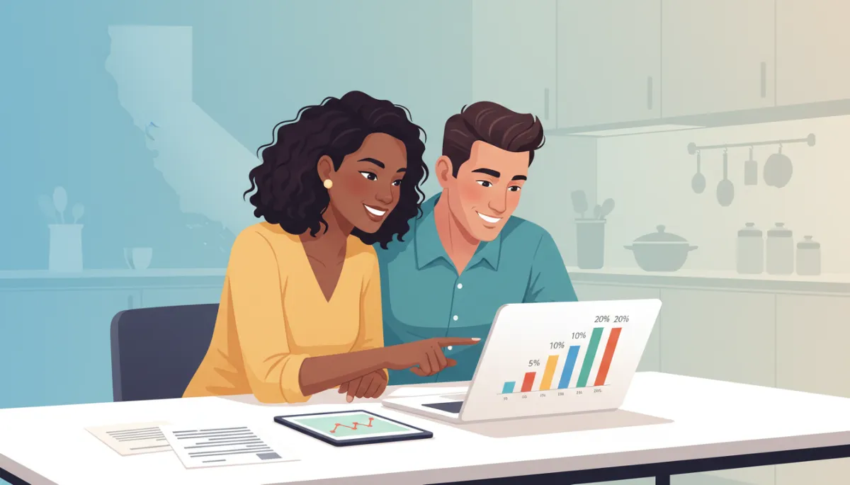 professional illustration of diverse California couple reviewing home purchase numbers at a kitchen table with a laptop, charts showing different down payment percentages, subtle outline of California map in background, clean modern color palette