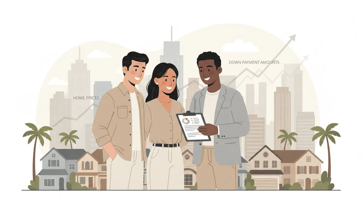 Professional illustration of a diverse California couple and a real estate agent reviewing a clipboard in front of stylized suburban homes and city skyline, with subtle charts showing home prices and down payment amounts